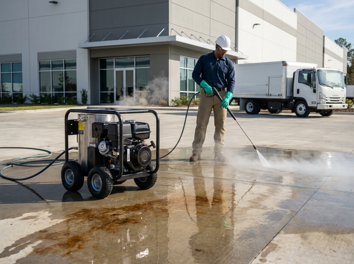 Featured image for blog post about hot water pressure washer for rent