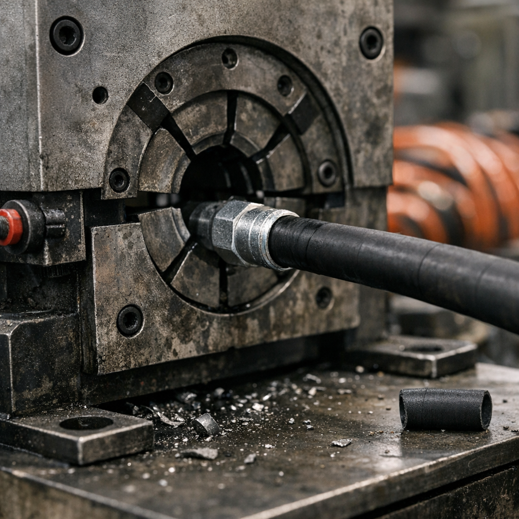 Industrial hydraulic hose crimping machine crimping a steel fitting onto a hydraulic hose in a Nitro Industrial repair shop