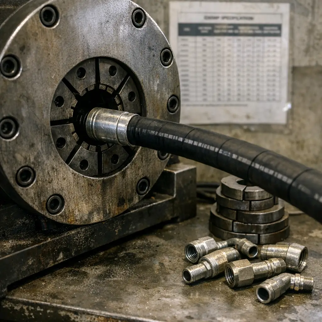 Benchtop crimping machine closing a die set around a hydraulic hose and steel ferrule in a Nitro Industrial shop