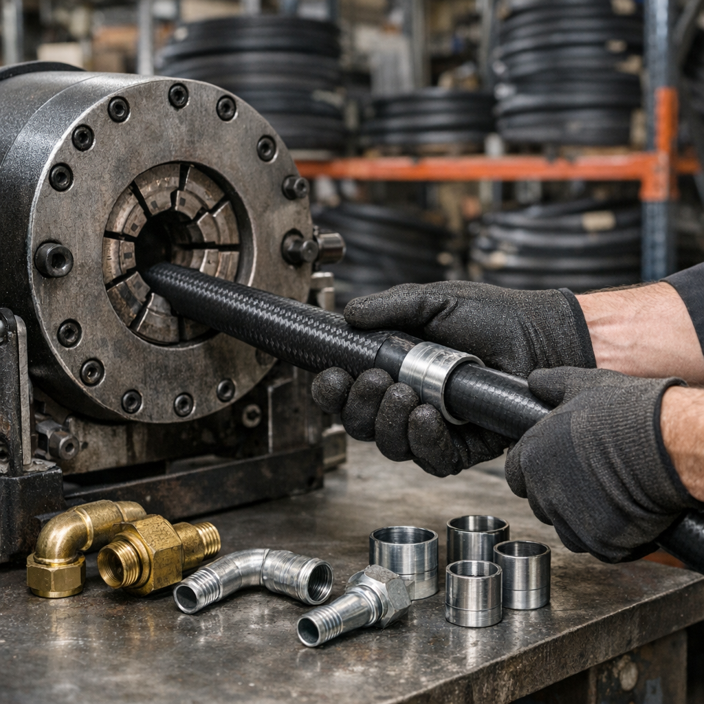 Technician crimping a hydraulic hose near me assembly on a hose crimping machine at an industrial supply counter