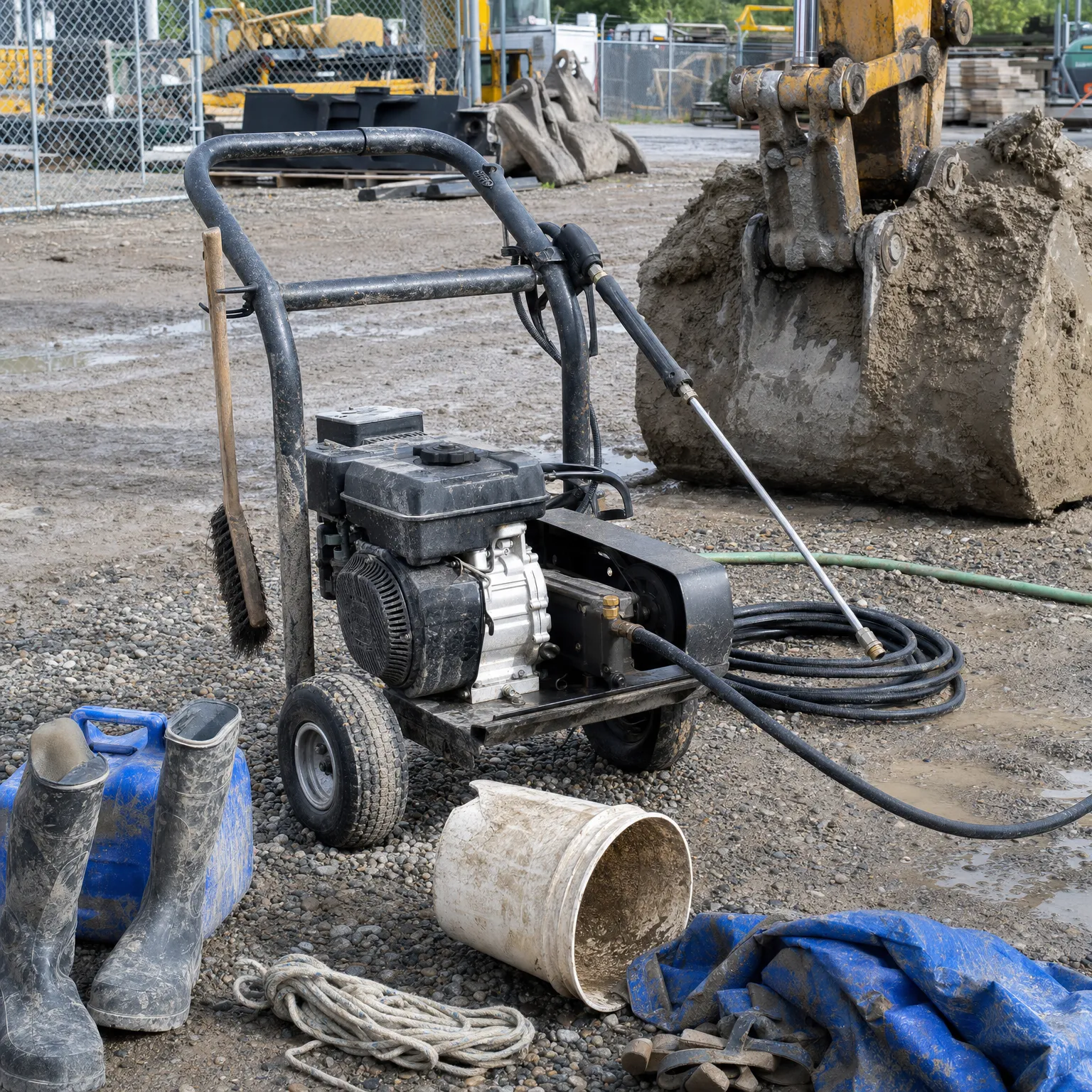 Commercial pressure washer on a steel frame parked beside a muddy excavator bucket in an Ontario equipment yard